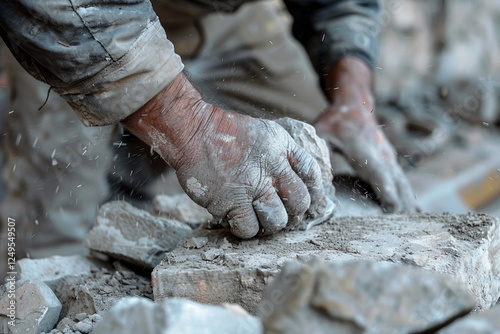 Generative AI Image of a Stonemason Working with Stone, Shaping and Carving Stone Surface photo