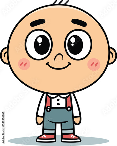 Cartoon baby character, big round head, wide eyes, rosy cheeks, small nose, bald with three strands of hair, red bowtie, white shirt, teal shorts with suspenders, simple style, cute expression