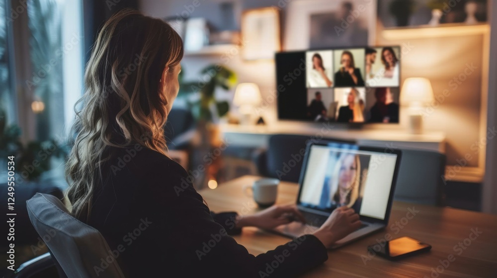 Businesswoman Conducting a Virtual Meeting with Remote Colleagues from a Home Office Setup. Engaged in Video Conference Call on Laptop, Professional Background, and Organized Workspace. Businesswoman Conducting a Virtual Meeting with Remote Colleagues from a Home Office Setup. Engaged in Video Conference Call on Laptop, Professional Background, and Organized Workspace.