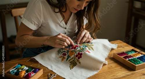 Woman meticulously embroidering colorful floral patterns on fabric at a wooden table indoors