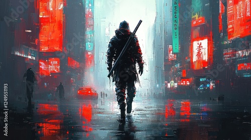 A lone hooded swordsman walks through a neon city at night