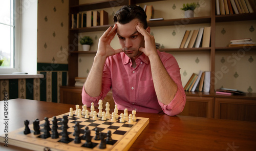 A man in a pink shirt concentrates deeply on the chessboard, holding his head in his hands as he carefully considers his next move. The bright room with bookshelves creates a calm, focused atmosphere. photo