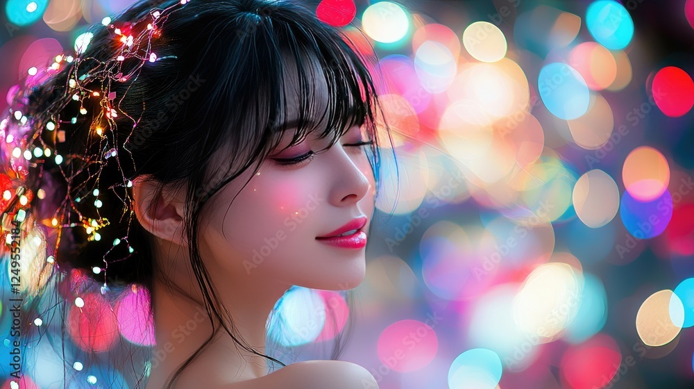 Serene Woman Adorned With Festive Lights Serene Woman Adorned With Festive Lights