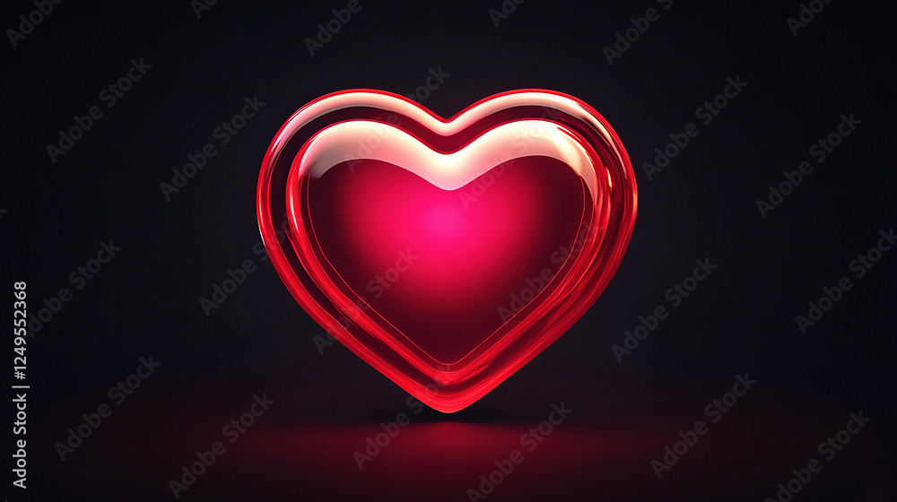   Red heart on black surface with glowing center