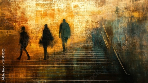 Silhouetted figures ascend weathered staircase in golden abstract landscape