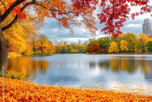 Autumnal Central Park lake, city skyline backdrop, fall foliage, scenic postcard
