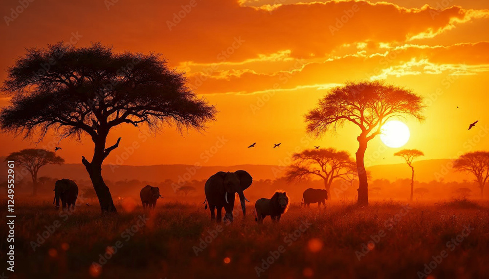 Fototapeta premium Silhouetted elephants roam the savanna at sunset