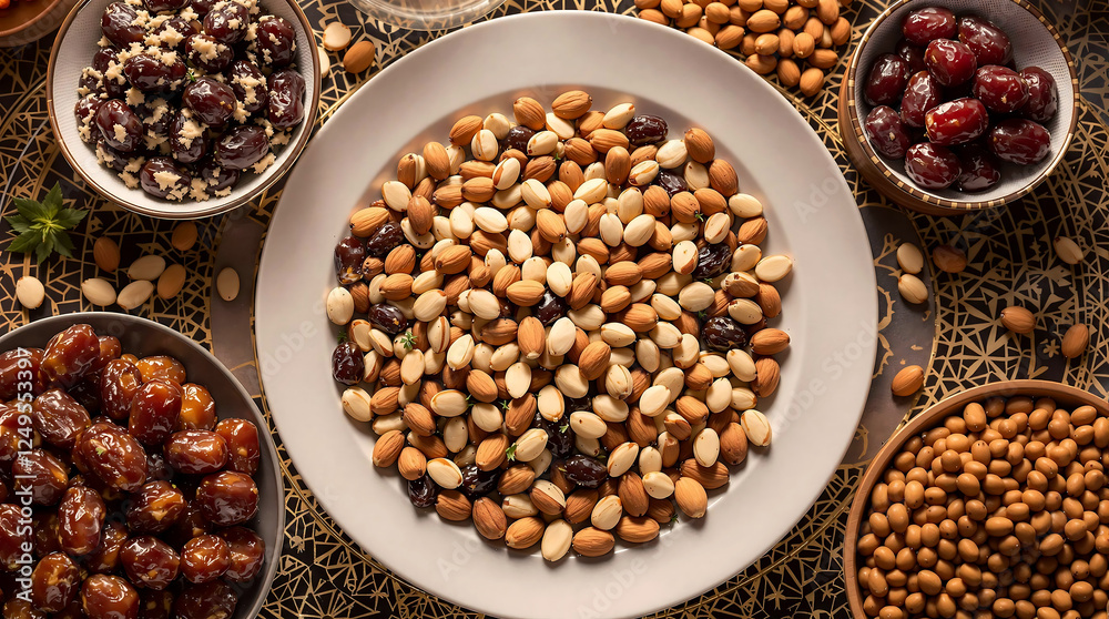 Traditional Middle Eastern Date and Nut Platter in Decorative Bowls Traditional Middle Eastern Date and Nut Platter in Decorative Bowls