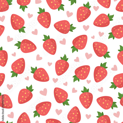 Cute strawberries and hearts cartoon seamless pattern. Sweet berry summer background.