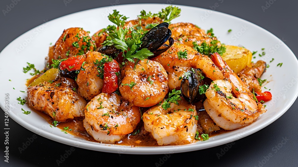 Fototapeta premium Sauteed Shrimp with Roasted Potatoes and Parsley Garnish A Culinary Delight
