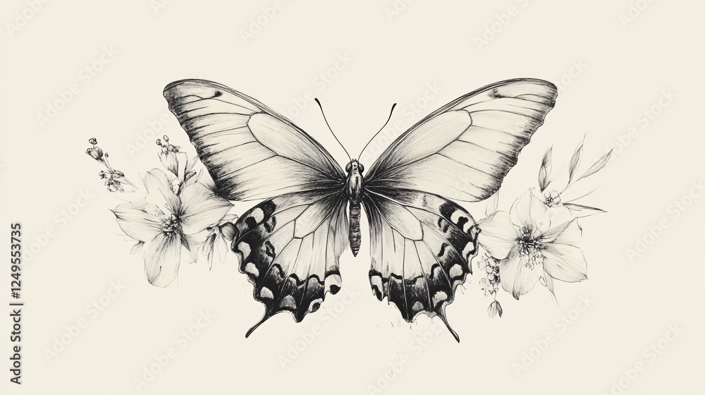 Obraz premium Elegant Black and White Butterfly with Flowers - Botanical Illustration