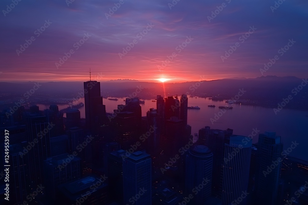 Fototapeta premium Cityscape sunrise, harbor, mountains, aerial view, vibrant colors, urban, dawn, design, website, backdrop