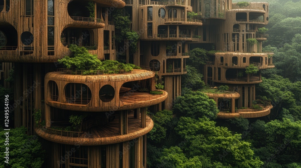 Futuristic wooden eco buildings intertwined within a lush green forest Futuristic wooden eco buildings intertwined within a lush green forest