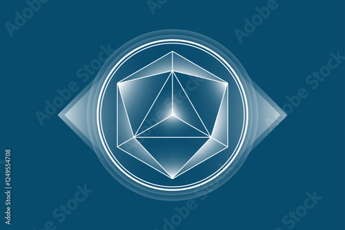 Sacred Geometry white lighting icon, Merkaba logo template, Mystical tetrahedrons symbol. Ancient esoteric symbol vector illustration isolated on blue background