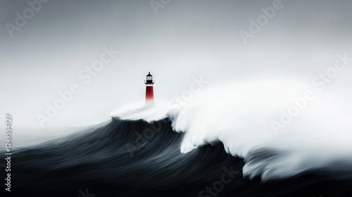   Red and white lighthouse atop a black-and-white wave, against a backdrop of a red lighthouse