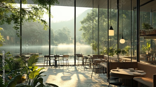 A restaurant with a view of a lake