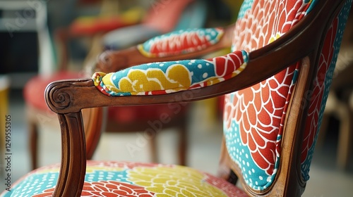 Vintage chairs being reupholstered with vibrant fabrics in a workshop setting