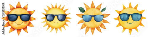 First day of summer element, Sunny characters wearing sunglasses, cheerful and vibrant design, isolated on transparent background.