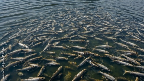 A lot of dead fish on the river surface, top view