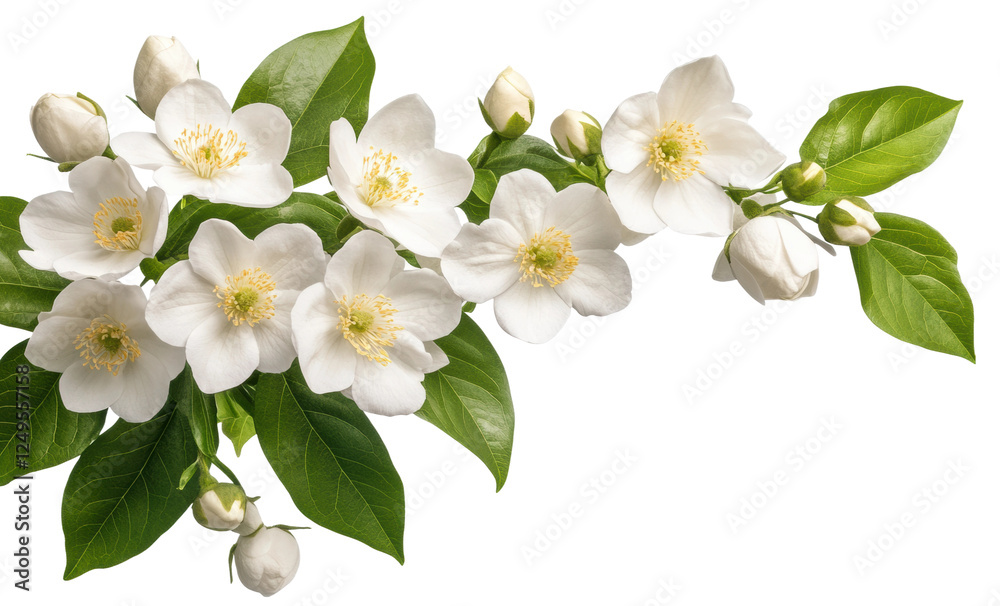 Obraz premium White jasmine flowers with green leaves isolated