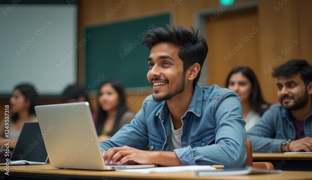 young indian student using laptop during a university lecture young indian student using laptop during a university lecture