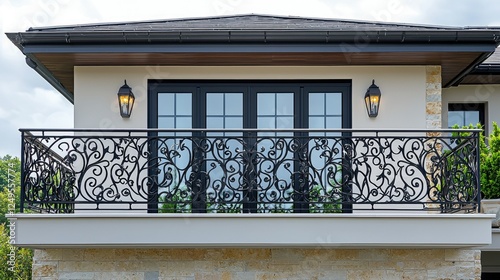 Elegant Balcony With Ornate Railing And Black Windows