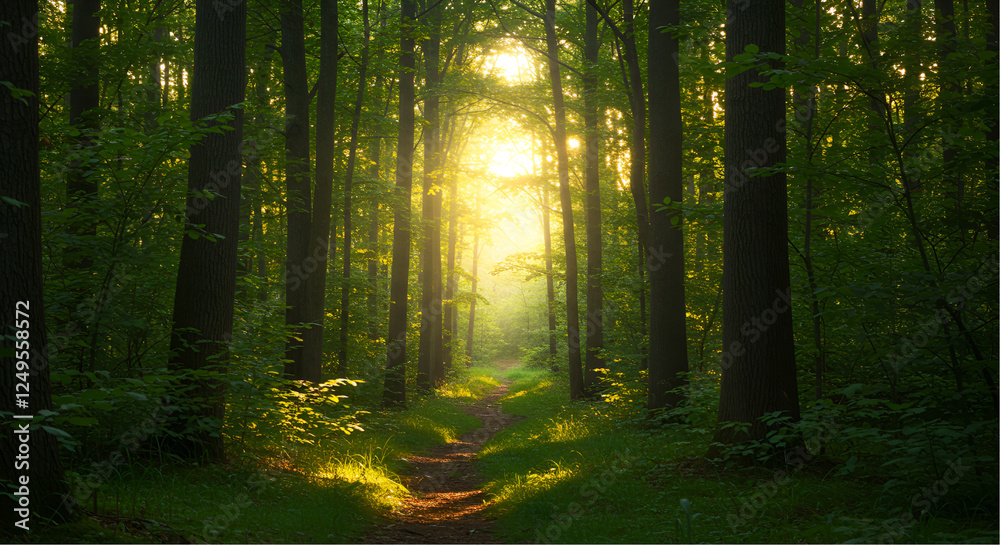 Fototapeta premium sun rays in the forest, A lush green forest with tall trees