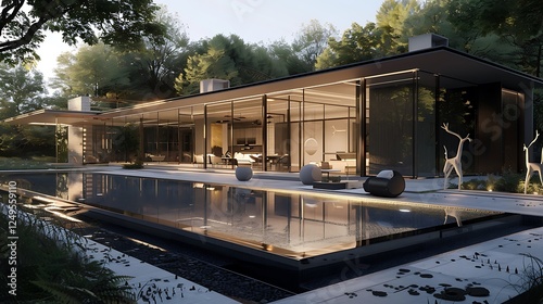 A contemporary glass villa with a sleek, rectangular swimming pool framed by minimalist garden sculptures and modern outdoor lighting.