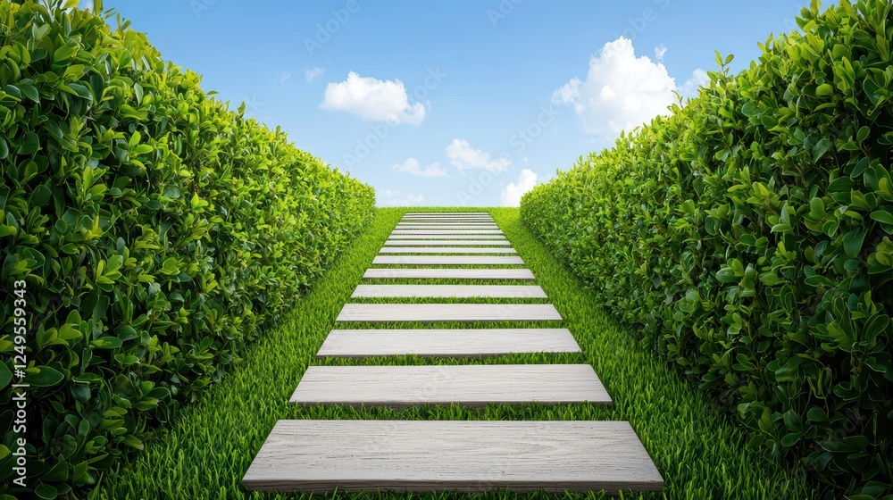 Lush Green Pathway Surrounded by Vibrant Hedges Under Blue Sky Lush Green Pathway Surrounded by Vibrant Hedges Under Blue Sky