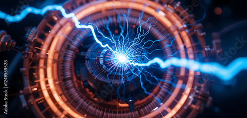 Ultra-detailed 8K macro shot of a Tesla coil discharging electricity, showcasing sharp blue lightning arcs, fine plasma details, and soft ambient glow.