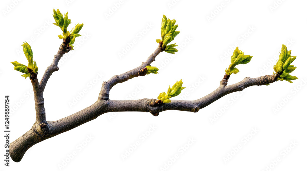 Fototapeta premium Fresh green leaves sprouting on a bare branch