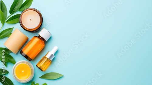 Natural Skin Care Products with Leaves on Soft Blue Background