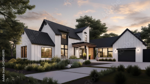 A sleek modern farmhouse with white board-and-batten siding, a dark gray metal roof, and large black-framed windows 