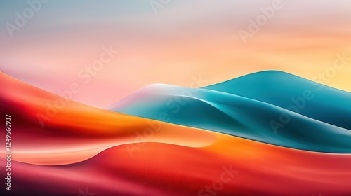 A painting depicts a majestic mountain against a blue sky backdrop, with vibrant red, orange, and blue waves in the foreground