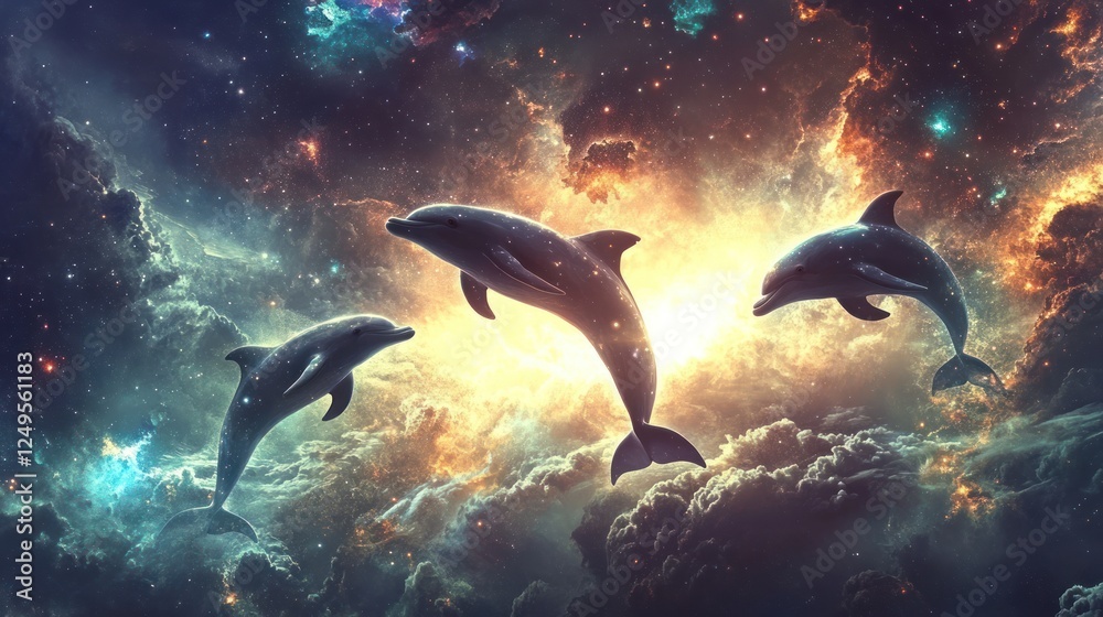 Fototapeta premium Cosmic dolphins dancing among radiant supernovas, their silhouettes glowing against the deep cosmic abyss.