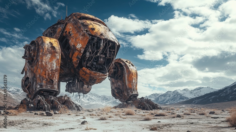 Giant rusted mech walker stands in a desolate snowy landscape Giant rusted mech walker stands in a desolate snowy landscape