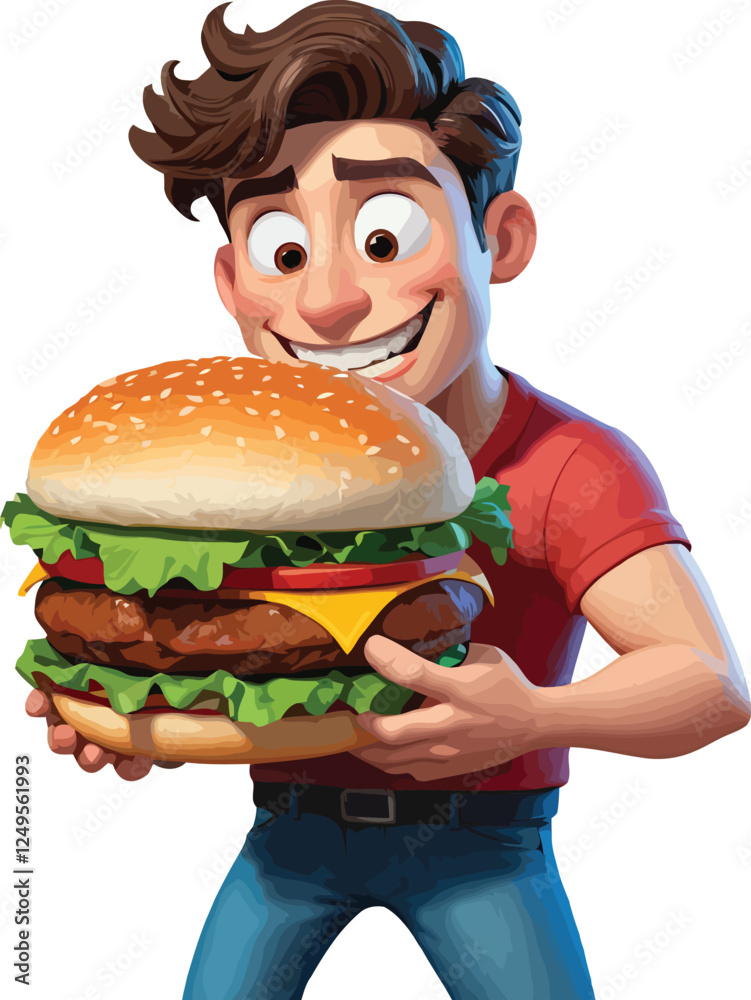 Cartoon Man is holding a Big Tasty Burger Vector Cartoon Man is holding a Big Tasty Burger Vector