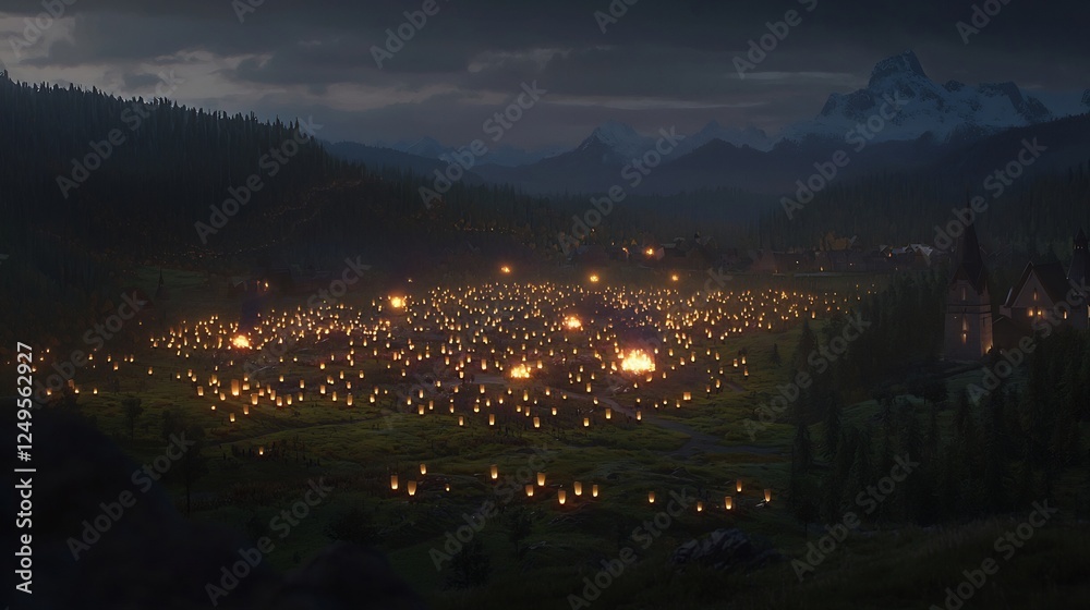 Obraz premium Nighttime Celebration with Glowing Lanterns in a Mountain Valley Landscape
