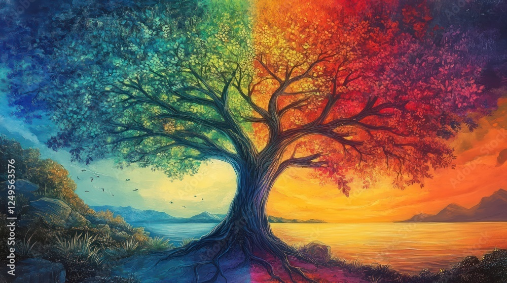 Obraz premium The Rainbow Tree of Life with roots deeply embedded in a colorful ground