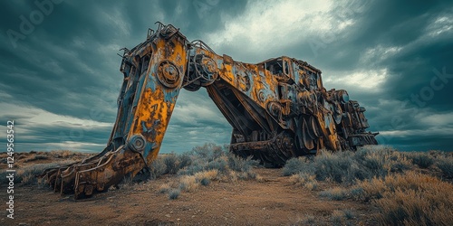 Dilapidated earthmover sits abandoned in a field under a cloudy sky