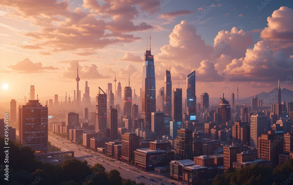 Naklejka premium Digital Network and Future City Systems: AI, Cloud Computing, Cybersecurity, and Data Transformation