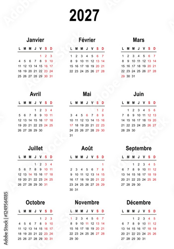 Calendar 2027 in french language with french holidays. Vector illustration	