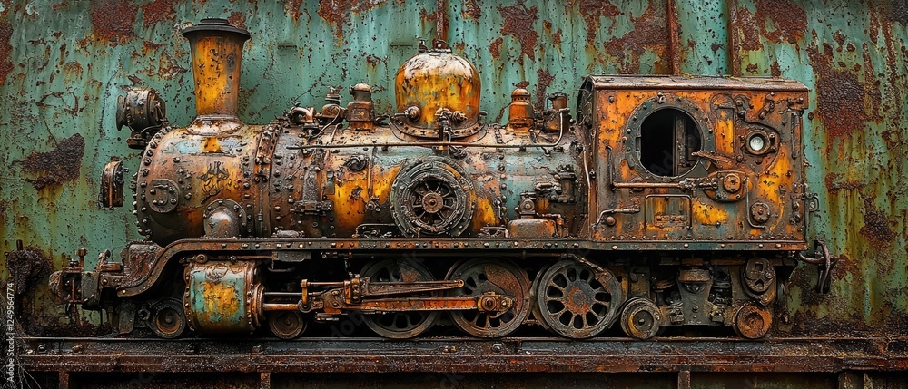 An old, rusted steam locomotive resting against a weathered backdrop. An old, rusted steam locomotive resting against a weathered backdrop.
