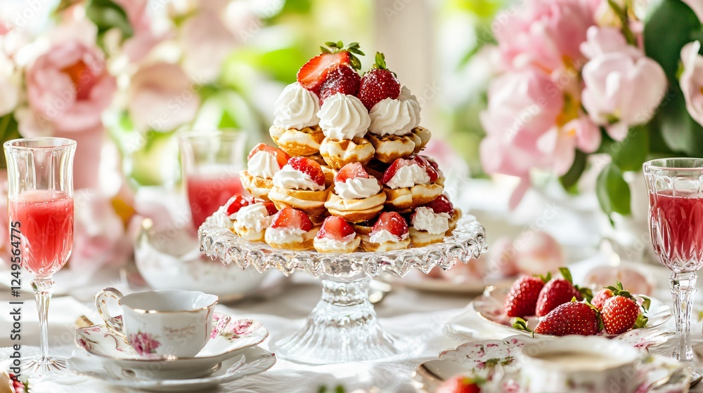 A high-tea Easter brunch setting with strawberry shortcake waffles on fine china, accompanied by crystal glasses filled with fresh strawberry juice A high-tea Easter brunch setting with strawberry shortcake waffles on fine china, accompanied by crystal glasses filled with fresh strawberry juice