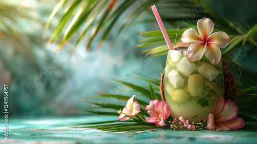 Tropical Coconut Drink with Floral Decor
 photo