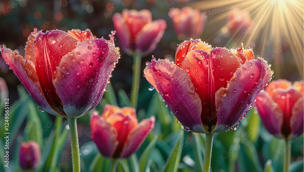 Parrot tulips with maroon petals and morning dew droplets sparkling in the soft sunlight Parrot tulips with maroon petals and morning dew droplets sparkling in the soft sunlight