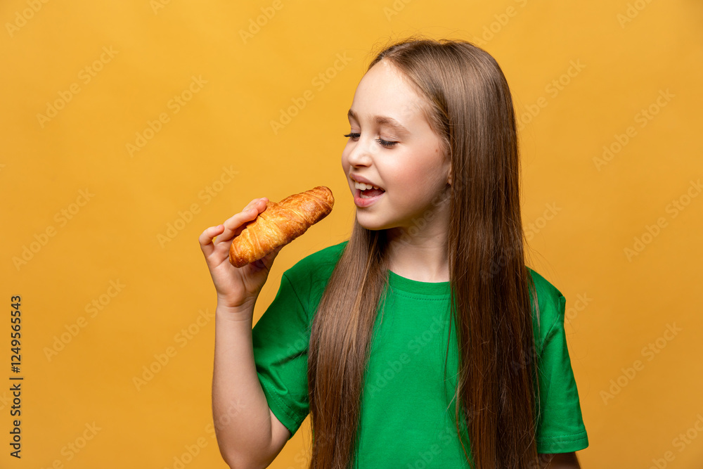 Happy smiling little girl in green t-shirt eating French croissant on yellow background. Copy space. High quality photo. French breakfast concept. Happy smiling little girl in green t-shirt eating French croissant on yellow background. Copy space. High quality photo. French breakfast concept.