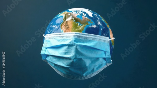 Planet Earth wrapped in a medical protection mask, representation of global pandemics, epidemics, pandemics, seasonal incidence of viral and bacterial infections and diseases