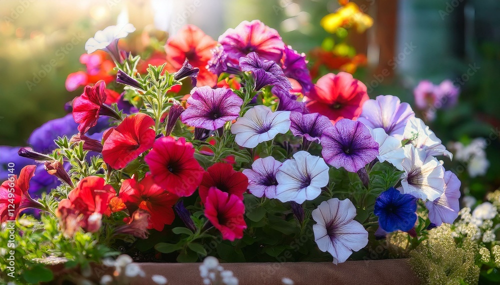 Fototapeta premium Garden petunias, Petunia hybrida purple red blue white flowers in backyard flowerbed