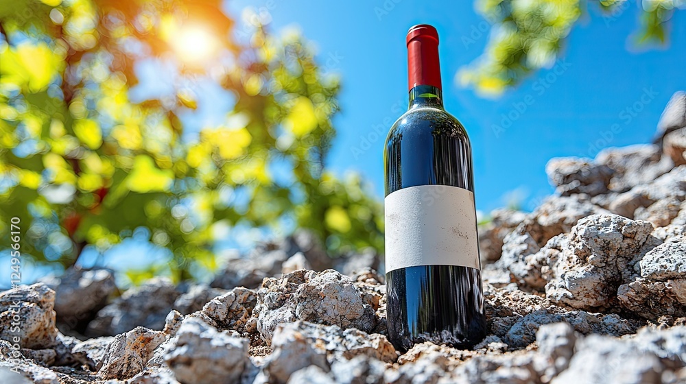 Red wine bottle rests among rocks and vines Red wine bottle rests among rocks and vines